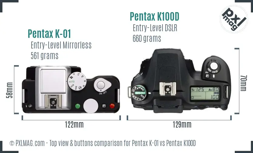 Pentax K-01 vs Pentax K100D top view buttons comparison