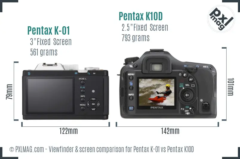 Pentax K-01 vs Pentax K10D Screen and Viewfinder comparison