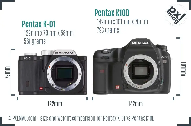 Pentax K-01 vs Pentax K10D size comparison