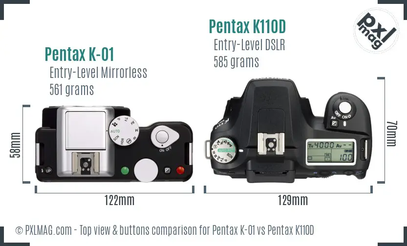 Pentax K-01 vs Pentax K110D top view buttons comparison