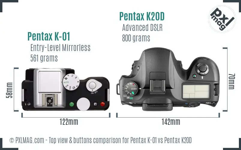 Pentax K-01 vs Pentax K20D top view buttons comparison