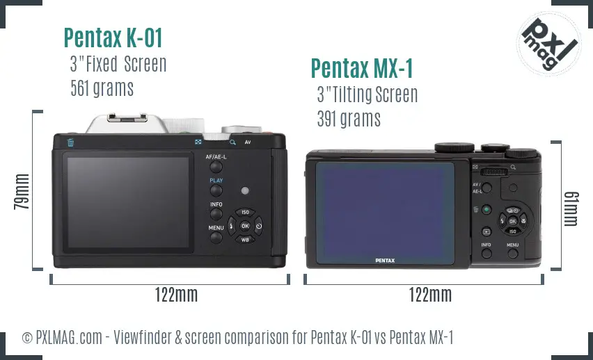 Pentax K-01 vs Pentax MX-1 Screen and Viewfinder comparison