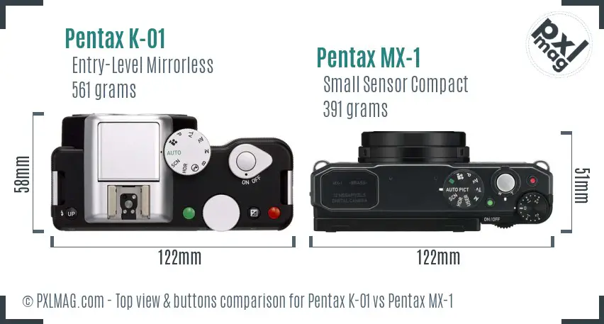 Pentax K-01 vs Pentax MX-1 top view buttons comparison