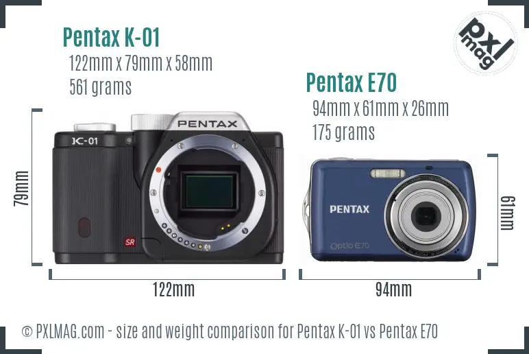 Pentax K-01 vs Pentax E70 size comparison