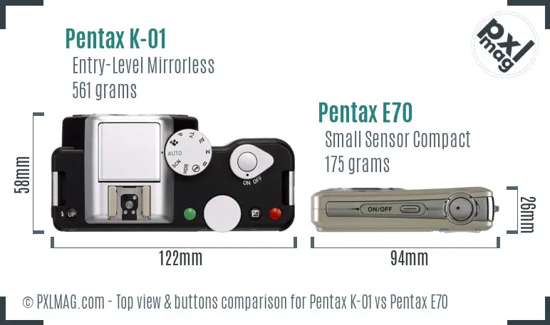 Pentax K-01 vs Pentax E70 top view buttons comparison