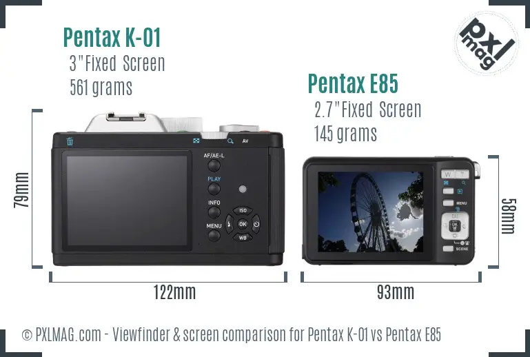 Pentax K-01 vs Pentax E85 Screen and Viewfinder comparison