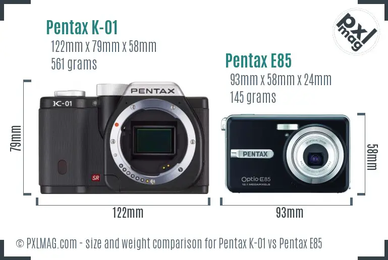 Pentax K-01 vs Pentax E85 size comparison