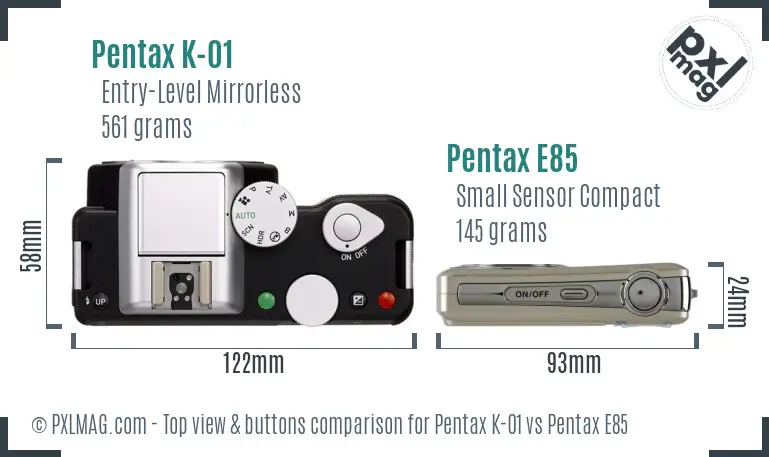 Pentax K-01 vs Pentax E85 top view buttons comparison
