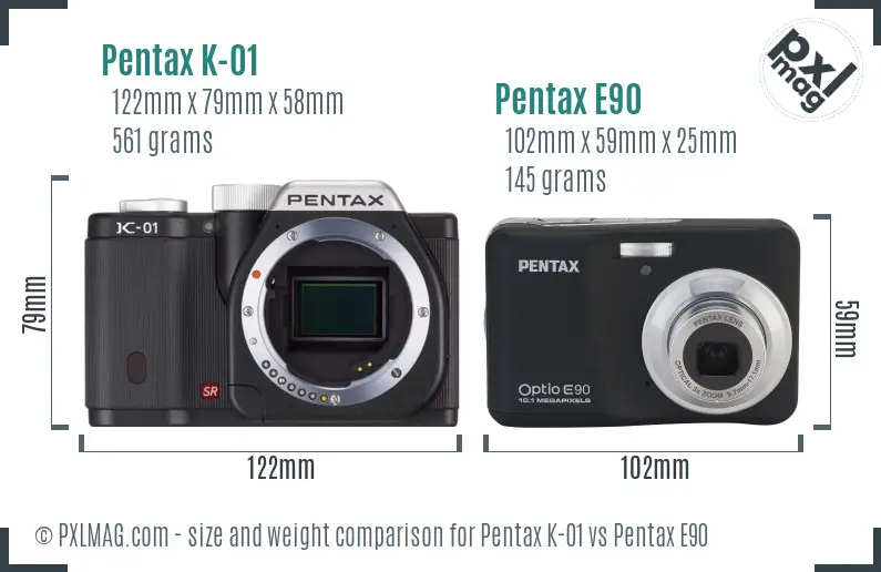 Pentax K-01 vs Pentax E90 size comparison