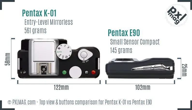 Pentax K-01 vs Pentax E90 top view buttons comparison