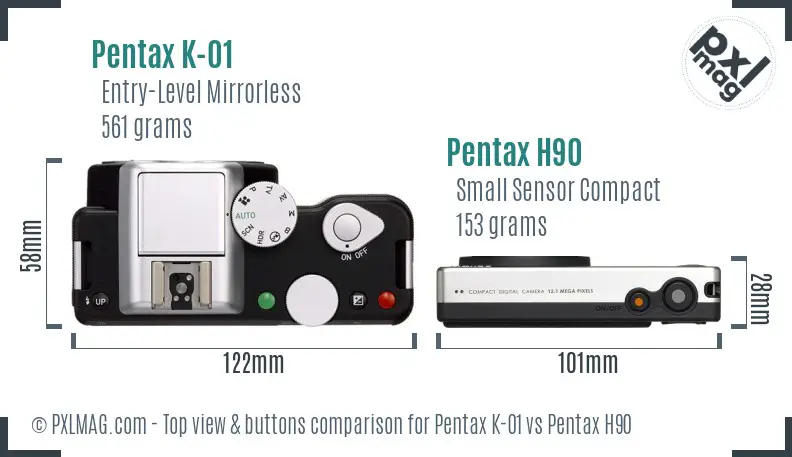 Pentax K-01 vs Pentax H90 top view buttons comparison