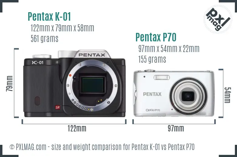 Pentax K-01 vs Pentax P70 size comparison