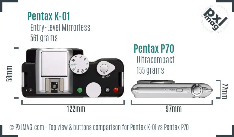 Pentax K-01 vs Pentax P70 top view buttons comparison