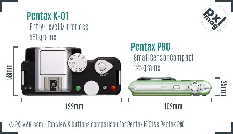 Pentax K-01 vs Pentax P80 top view buttons comparison