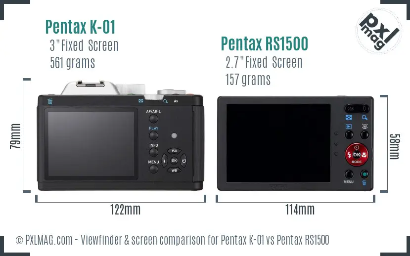 Pentax K-01 vs Pentax RS1500 Screen and Viewfinder comparison