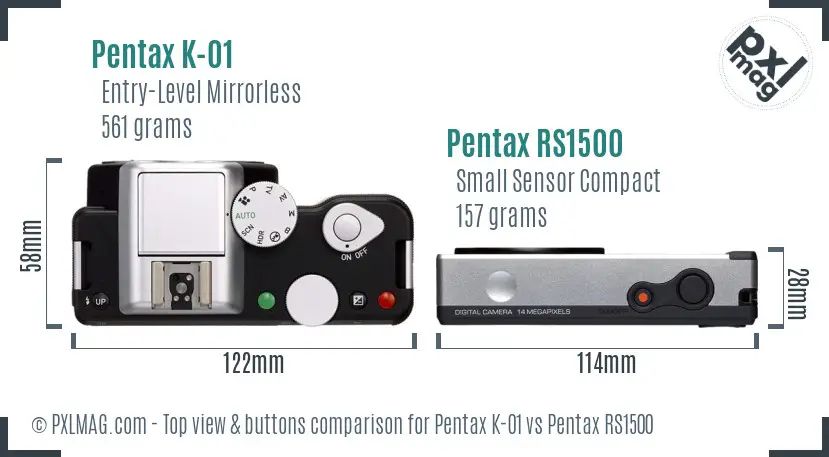 Pentax K-01 vs Pentax RS1500 top view buttons comparison