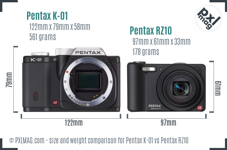 Pentax K-01 vs Pentax RZ10 size comparison