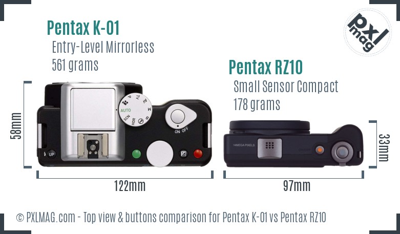 Pentax K-01 vs Pentax RZ10 top view buttons comparison