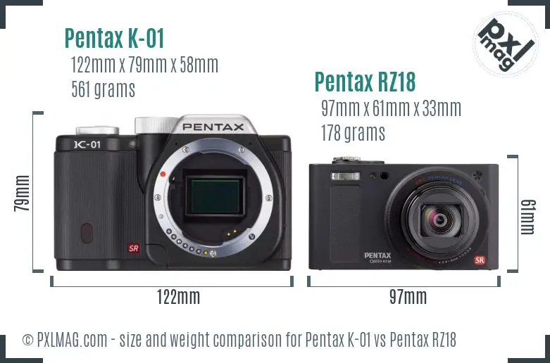 Pentax K-01 vs Pentax RZ18 size comparison