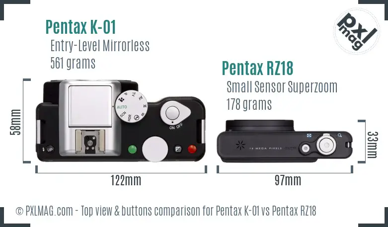Pentax K-01 vs Pentax RZ18 top view buttons comparison