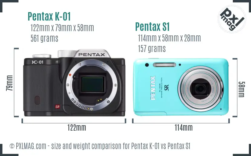 Pentax K-01 vs Pentax S1 size comparison