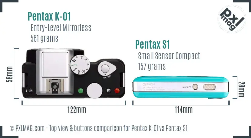Pentax K-01 vs Pentax S1 top view buttons comparison