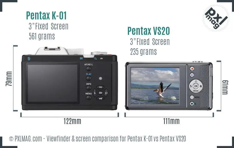 Pentax K-01 vs Pentax VS20 Screen and Viewfinder comparison