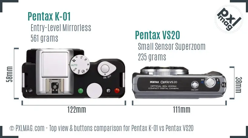 Pentax K-01 vs Pentax VS20 top view buttons comparison