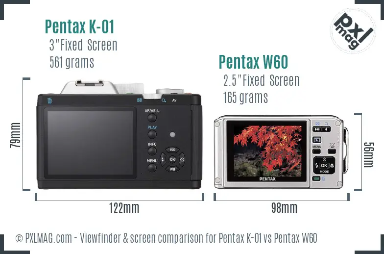 Pentax K-01 vs Pentax W60 Screen and Viewfinder comparison