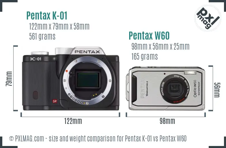 Pentax K-01 vs Pentax W60 size comparison