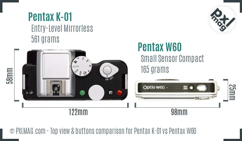 Pentax K-01 vs Pentax W60 top view buttons comparison