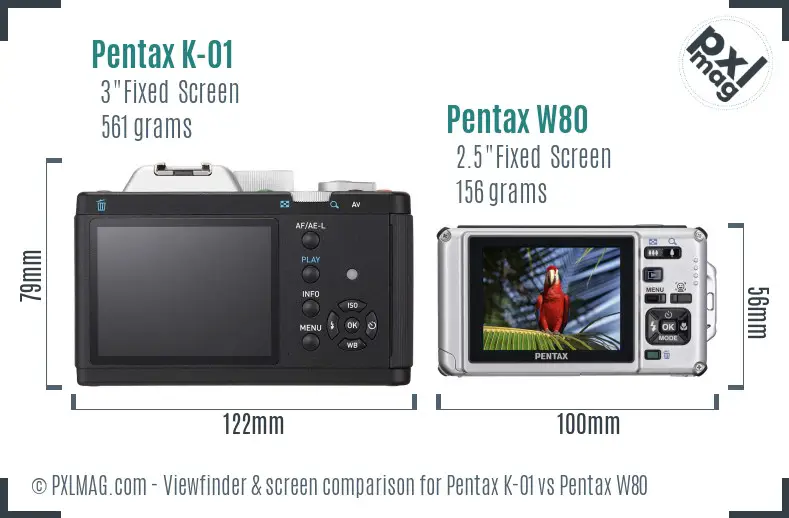 Pentax K-01 vs Pentax W80 Screen and Viewfinder comparison