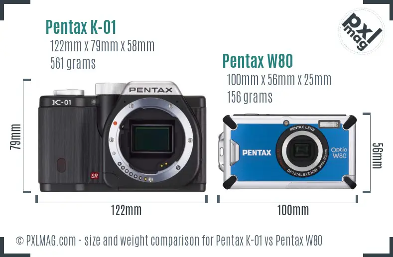 Pentax K-01 vs Pentax W80 size comparison