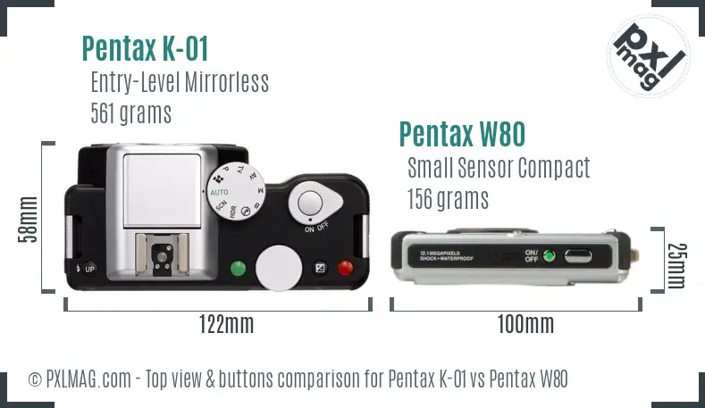 Pentax K-01 vs Pentax W80 top view buttons comparison