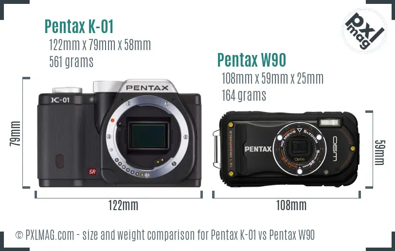 Pentax K-01 vs Pentax W90 size comparison