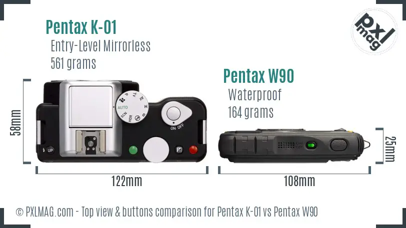 Pentax K-01 vs Pentax W90 top view buttons comparison