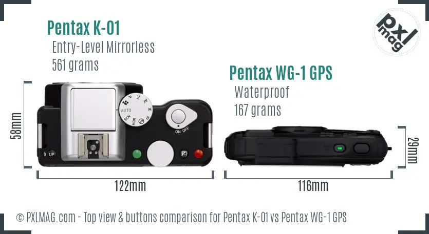 Pentax K-01 vs Pentax WG-1 GPS top view buttons comparison