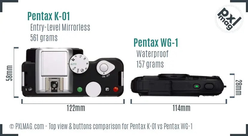 Pentax K-01 vs Pentax WG-1 top view buttons comparison