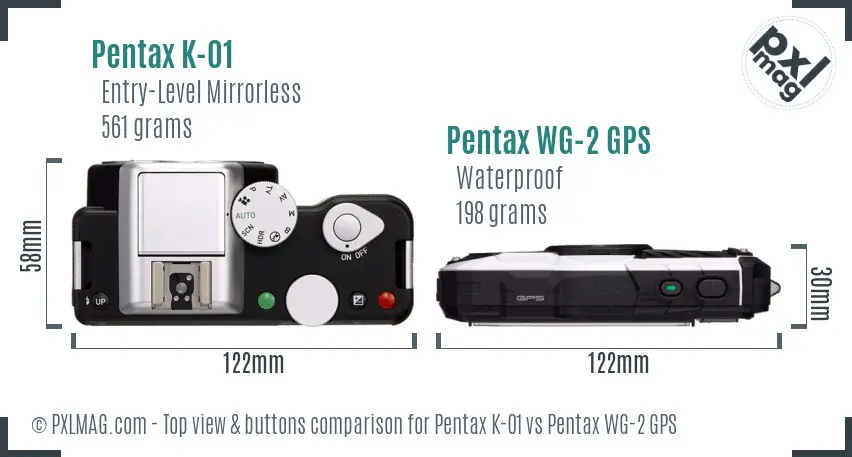 Pentax K-01 vs Pentax WG-2 GPS top view buttons comparison
