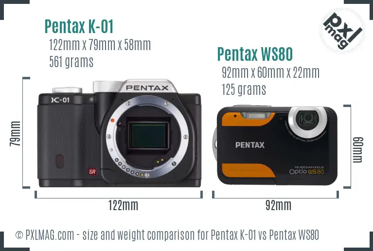 Pentax K-01 vs Pentax WS80 size comparison