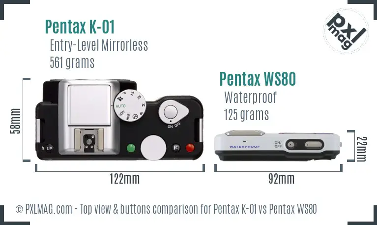 Pentax K-01 vs Pentax WS80 top view buttons comparison