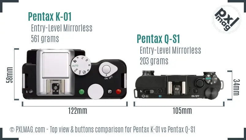 Pentax K-01 vs Pentax Q-S1 top view buttons comparison