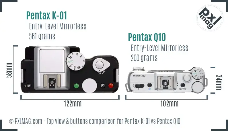 Pentax K-01 vs Pentax Q10 top view buttons comparison