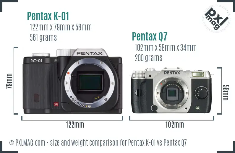 Pentax K-01 vs Pentax Q7 size comparison