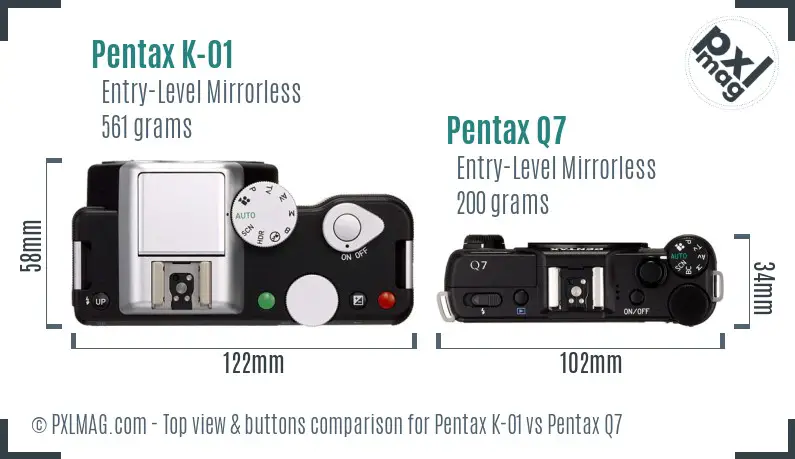 Pentax K-01 vs Pentax Q7 top view buttons comparison
