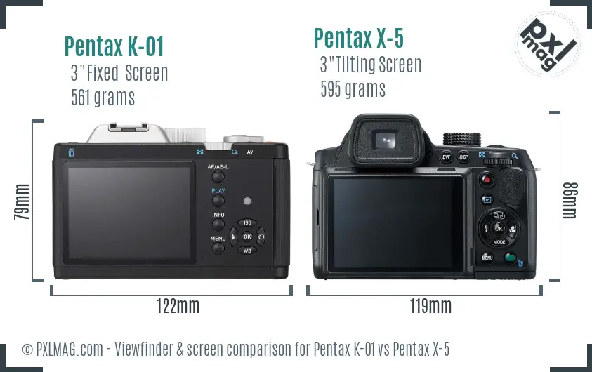 Pentax K-01 vs Pentax X-5 Screen and Viewfinder comparison Pentax K-01 vs Pentax X-5 Screen and Viewfinder comparison