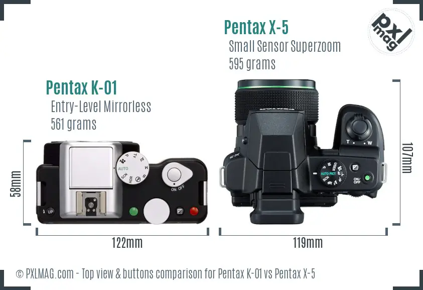 Pentax K-01 vs Pentax X-5 top view buttons comparison Pentax K-01 vs Pentax X-5 top view buttons comparison