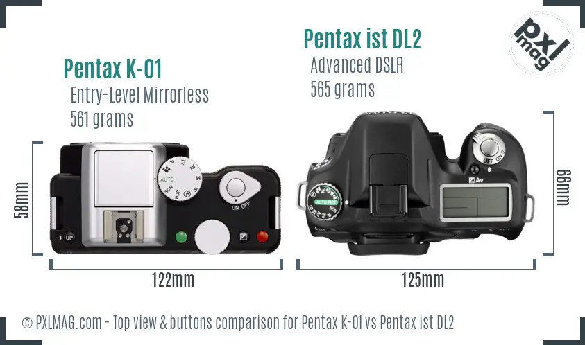 Pentax K-01 vs Pentax ist DL2 top view buttons comparison