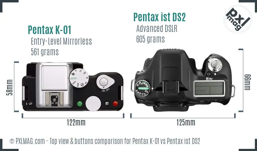 Pentax K-01 vs Pentax ist DS2 top view buttons comparison