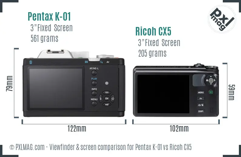 Pentax K-01 vs Ricoh CX5 Screen and Viewfinder comparison